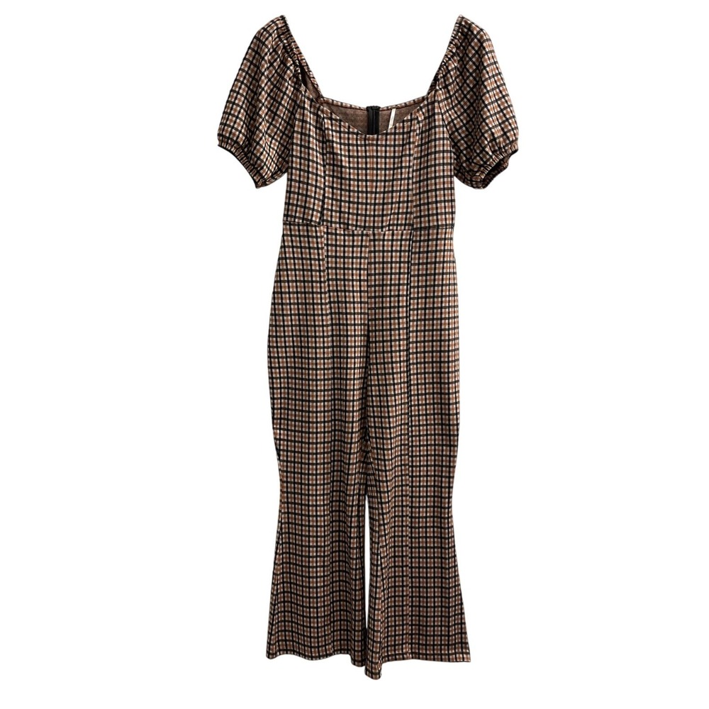 Free People Jumpsuit Womens M Brown‎ Oxford Knit Plaid Cropped Flare Leg Preppy